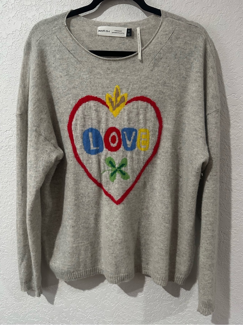 100% Cashmere Anthropologie Gray Crewneck Sweater LOVE Heart Nathalie Lete XL